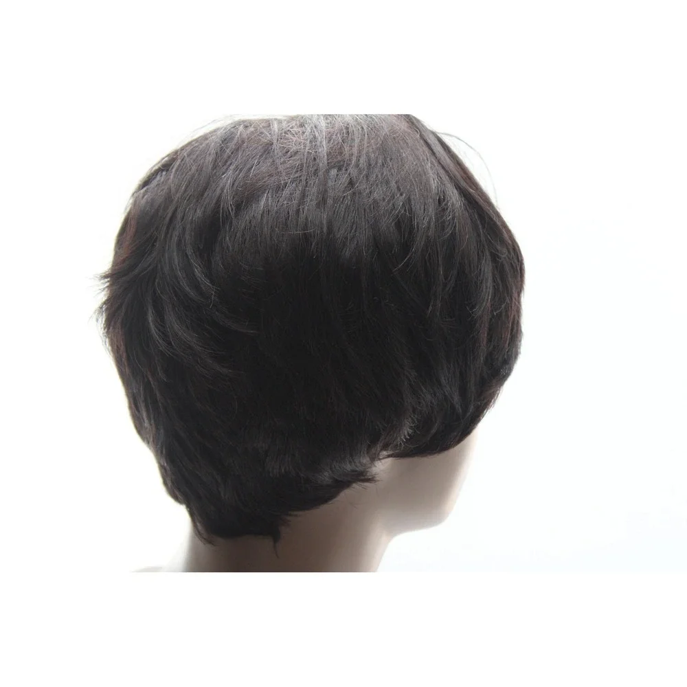 Short Pixie Cut Dark Brown Wig #2 Adjustable Mesh Cap Synthetic and Human Hair